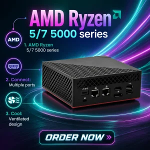 Mini PC 8 Cores 16 Threads Vega 8 Graphics 16GB GDDR5 DDR4 RAM Linux 3-Year Warranty Home/Office Use